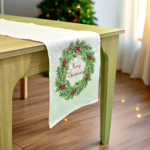 Merry Christmas Wreath Table Runner | 14 x 72 inches