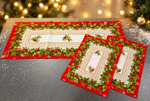 Holly Leaves 3 Piece Tablecloths Set