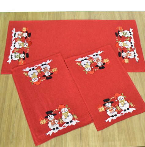 Red Christmas Snowman 3 Piece Tablecloths Set