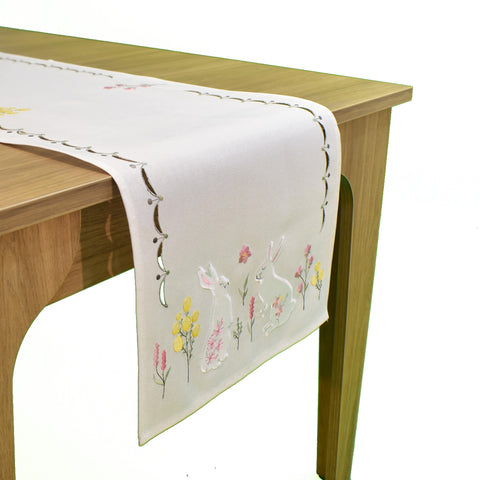 Easter Rabbit With Flowers Cream Table Runner | 16 x 72 inches