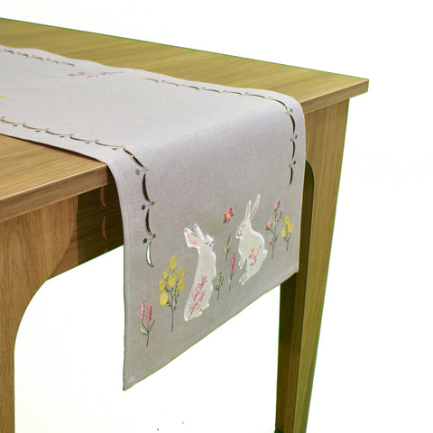 Easter Rabbit With Flowers Grey Table Runner | 16 x 72 inches