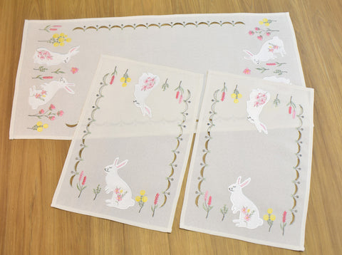 Easter Rabbit With Flowers Cream 3 Piece Tablecloths Set
