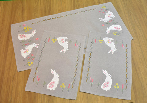 Easter Rabbit With Flowers Grey 3 Piece Tablecloths Set