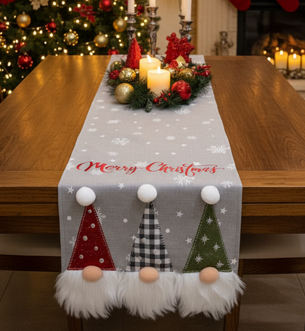 Grey Chrismas Gnomes Table Runner | 14 x72 inches