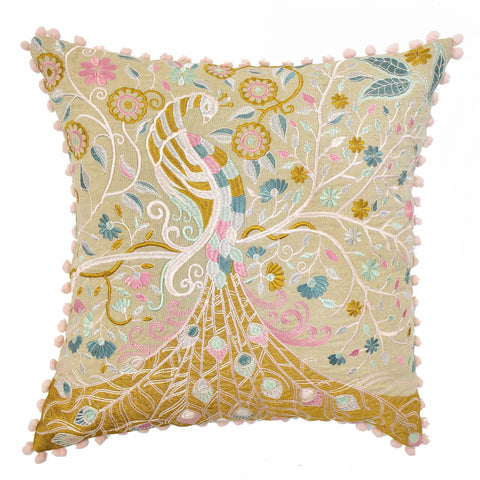 Light Pink Peacock Embroidery Cushion Cover | 45 x 45 cm