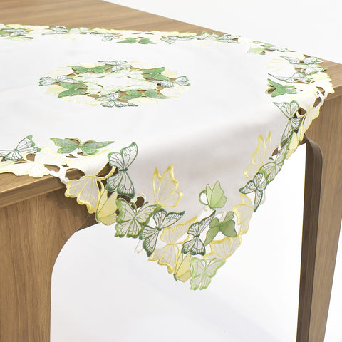 Green & Yellow Butterfly Embroidered Cutwork Table Topper | 36 inches