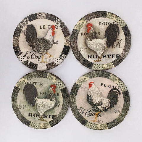 Round Absorbant White Rooster Ceramic Coaster Set